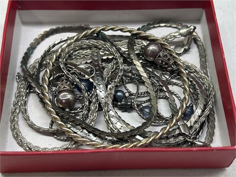 BOX OF SILVER NECKLACES & BRACELETS - SOME MARKED 925