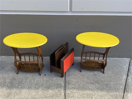 2 YELLOW SIDE TABLES (22” tall) & MAGAZINE RACK