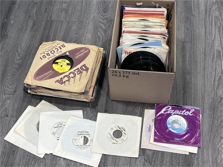 BOX OF 45RPM RECORDS INCLUDING PROMOS & MISC VINTAGE RECORDS