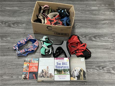 LOT OF SMALL SIZE DOG COLLARS / HARNESSES & BOOKS