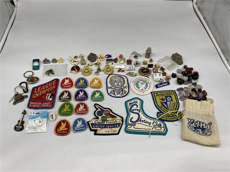 LOT OF PINS, PATCHES, ROCKS, KEYCHAINS, ECT