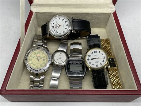 JEWELRY BOX OF 5 WATCHES