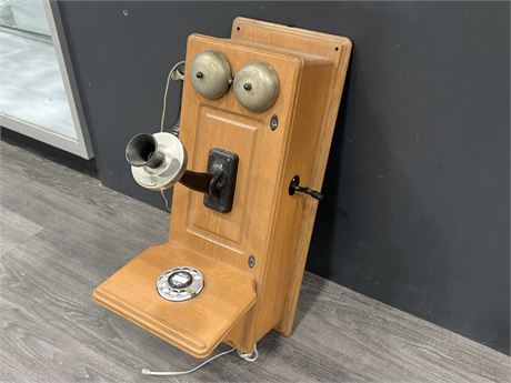 VINTAGE WALL PHONE REWIRED TO WORK W/ DIAL (WESTERN ELECTRIC) 22”x10”