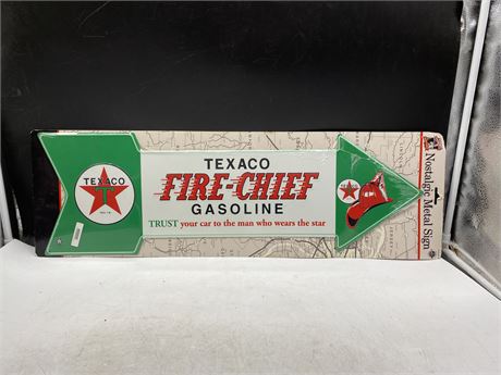 (NEW) TEXACO FIRE CHIEF GASOLINE TIN SIGN (26”x9”)