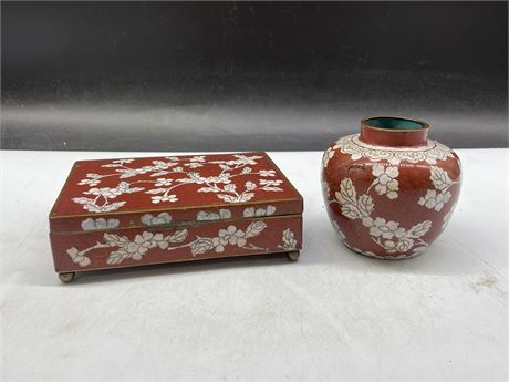 CHINESE CLOISONNE LIDDED BOX AND VASE - BOX IS 6” LONG
