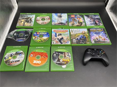 13 XBOX ONE GAMES & 1 CONTROLLER (Works, missing battery pack)