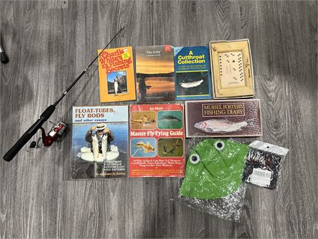 FISHING BOOKS, HATS, FRAME, DIARY & SHAKESPEARE COLLAPSABLE ROD + REEL