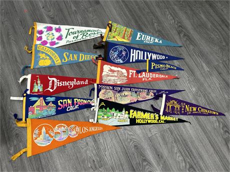 LOT OF 12 VINTAGE CALIFORNIA PENNANTS (1 FROM FLORIDA )