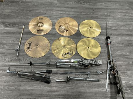 6 DRUM CYMBALS & STANDS - SOME NEED CLEANING / WORK