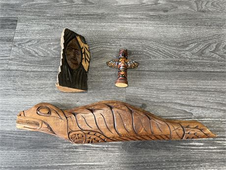 SIGNED FIRST NATIONS TOTEM & WOODEN ART - LARGEST PIECE IS 20”
