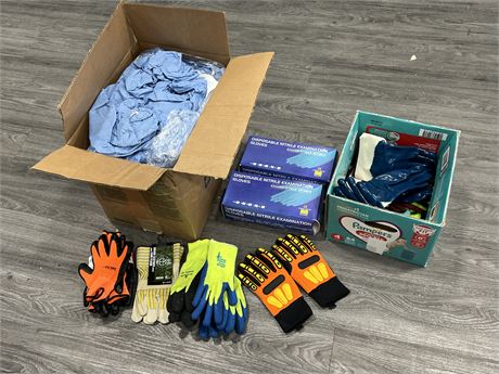 LOT OF NEW GLOVES & BOX OF 3XL COVERALLS