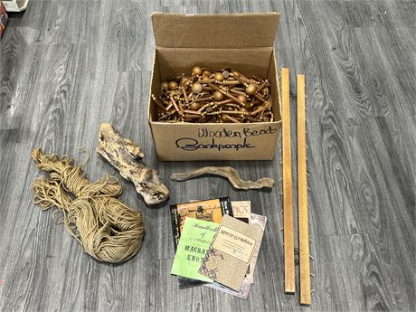 LOT OF MCM MACRAME WOODEN BEADS, ROPE, BOOKS & ECT