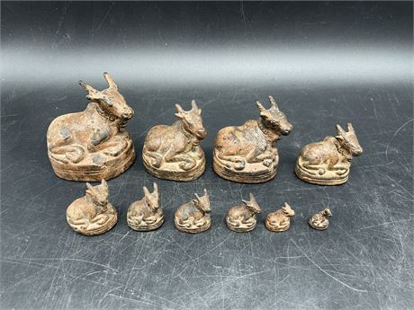 10 FIGURAL PAINTED CAST IRON SCALE WEIGHTS (LARGEST IS 3.5” WIDE)