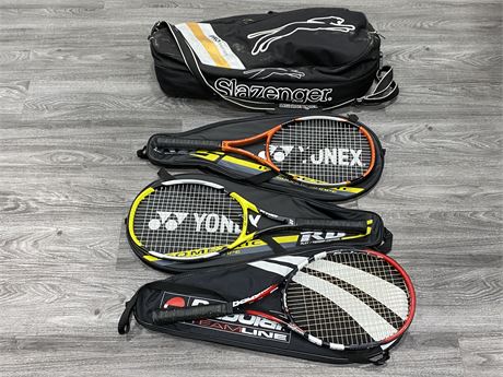 3 TENNIS RACQUETS W/ COVERS & CARRY CASE