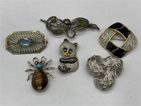 6 EXCELLENT CONDITION VINTAGE BROOCHES - SOME SIGNED