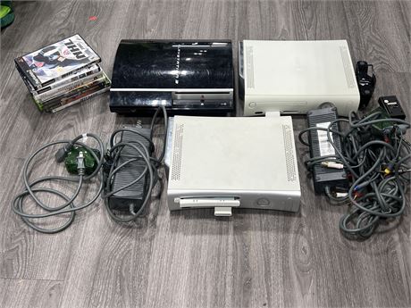 3 VIDEO GAME CONSOLES & EMPTY GAME CASES - CONSOLES NEED WORK / AS IS