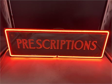 EARLY VINTAGE “PRESCRIPTIONS” LIGHT-UP NEON SIGN (26” wide)