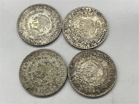 4 VINTAGE MEXICAN COINS W/ SILVER CONTENT