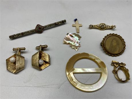 VICTORIAN / EDWARDIAN JEWELRY & 2 STERLING CUFF LINKS WITH GOLD WASH