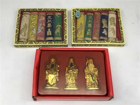 2 SETS OF CHINESE KNIFE RESTS AND 3 FIGURES IN BOX