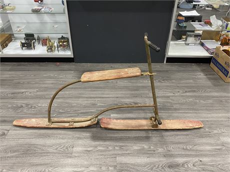 ANTIQUE HOMEMADE FROM QUEBEC METAL/WOOD SNOW GLIDER (67” LONG, 32” TALL)