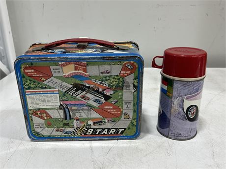 1967 RACE CAR LUNCH BOX W/THERMOS