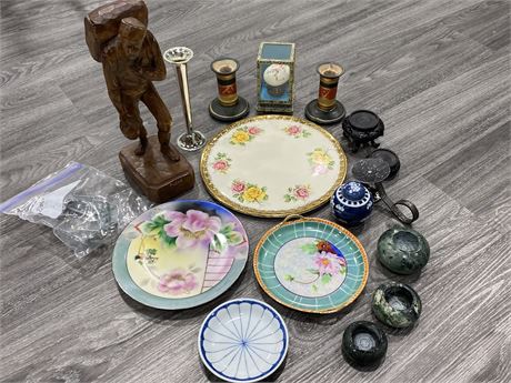 LOT OF VINTAGE PLATES, CANDLE HOLDERS, & DECOR