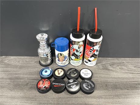 3 VINTAGE GRETZKY BOTTLES / THERMOS + 8 PUCKS & MINI STANLEY CUP 8” (HEAVY)
