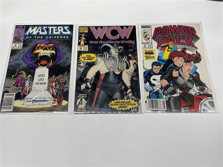 3 MISC MARVEL COMICS INCL: MASTERS OF THE UNIVERSE, WRESTLING, & POWER PACK