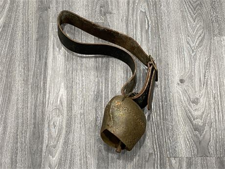VINTAGE COWBELL ON LEATHER HARNESS - GREAT CONDITION (BELL IS 8”X4”)