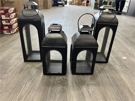 4 GLASS/METAL LANTERNS OR DISPLAY CASES - LARGER ONES ARE 16”