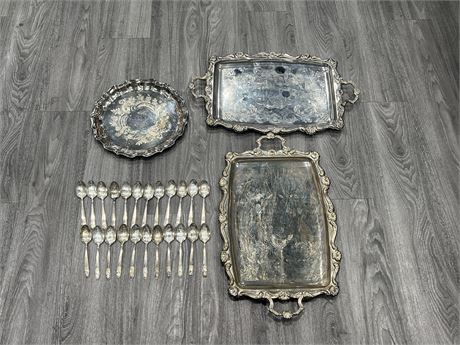 THREE VINTAGE SERVING TRAYS + 23 PLATED SPOONS OF AMERICAN PRESIDENT