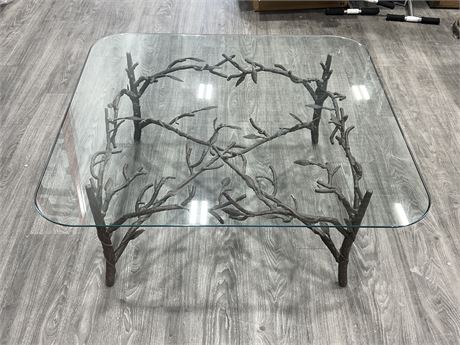 TREE BRANCH STYLE IRON COFFEE TABLE W/GLASS TOP (40”x40”x16” tall)