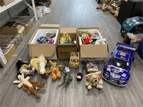 3 BOXES OF CHILDREN TOYS AND STUFFED ANIMALS