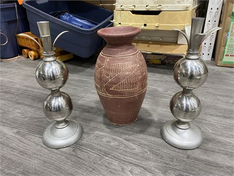 2 PALM STYLE CANDLE HOLDERS & CLAY VASE - TALLEST ONE 15”