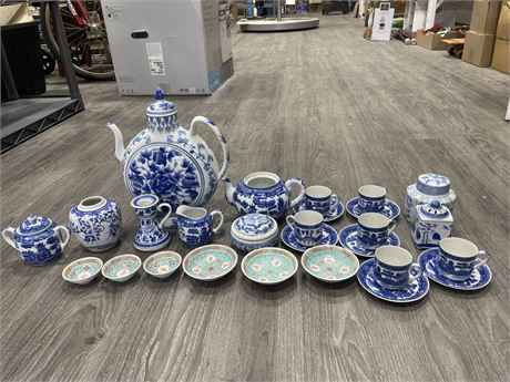 CHINESE TEA SET WITH 4 MISC DISHES (SMALL TEAPOT MISSING LID)