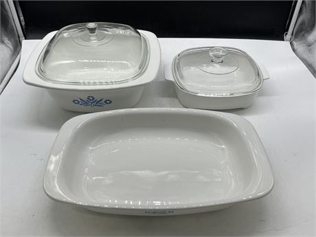 3 CORNING DISHES - 2 WITH GLASS LIDS