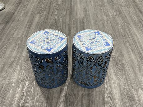 PAIR OF PATIO METAL & TILE PLANT STANDS - 16” TALL 12” DIAMETER