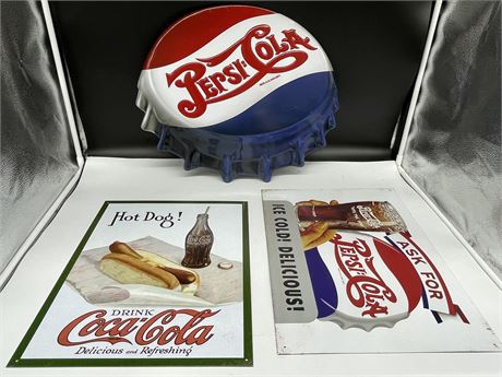 3 REPRODUCTION PEPSI COLA AD SIGNS (LARGEST 18”X15”)