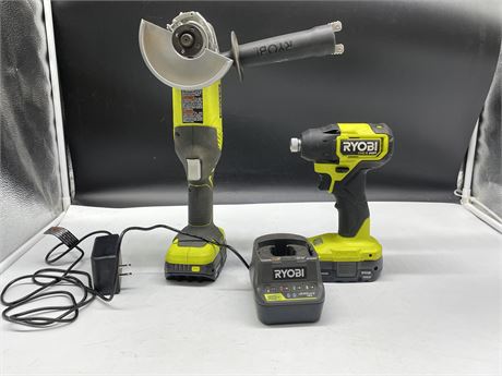 RYOBI DRILL & GRINDER (LIKE NEW) WITH 2 BATTERIES & CHARGER
