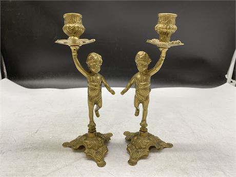 EARLY BRASS CHERUB CANDLE HOLDERS