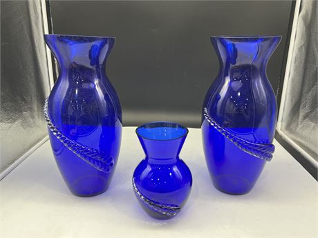 3 BLUE GLASS VASES (Tall ones are 13.5”)