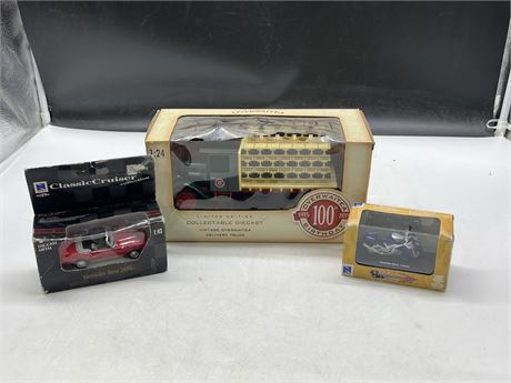 3 DIECAST CARS / BIKE IN BOXES