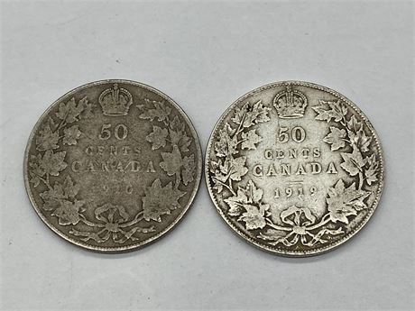 1910 + 1919 SILVER 50 CENT COINS