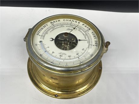 VINTAGE SCHATZ BRASS SHIPS BAROMETER / THERMOMETER - MADE IN W.GERMANY - 6”D