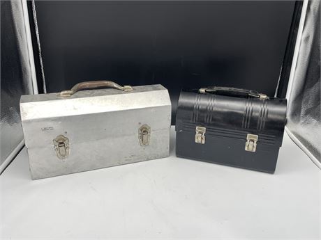 2 VINTAGE METAL LUNCH BOXES - GREY ONE IS 14”x8”