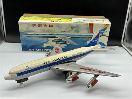 VINTAGE TIN LITHO AIRPLANE BATTERY OPERATED IN ORIGINAL BOX (18”X19.5”)