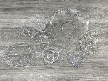 VINTAGE ETCHED GLASS, ETCHED CRYSTAL, SILVER OVERLAY ETC. — 10 PIECES