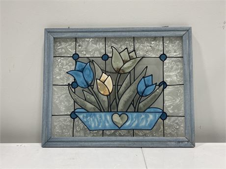 WOOD FRAMED STAINED GLASS PIECE (20”x16”)