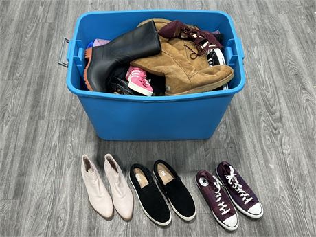 BIN OF WOMENS SHOES - INCLUDES SOME CLOTHING